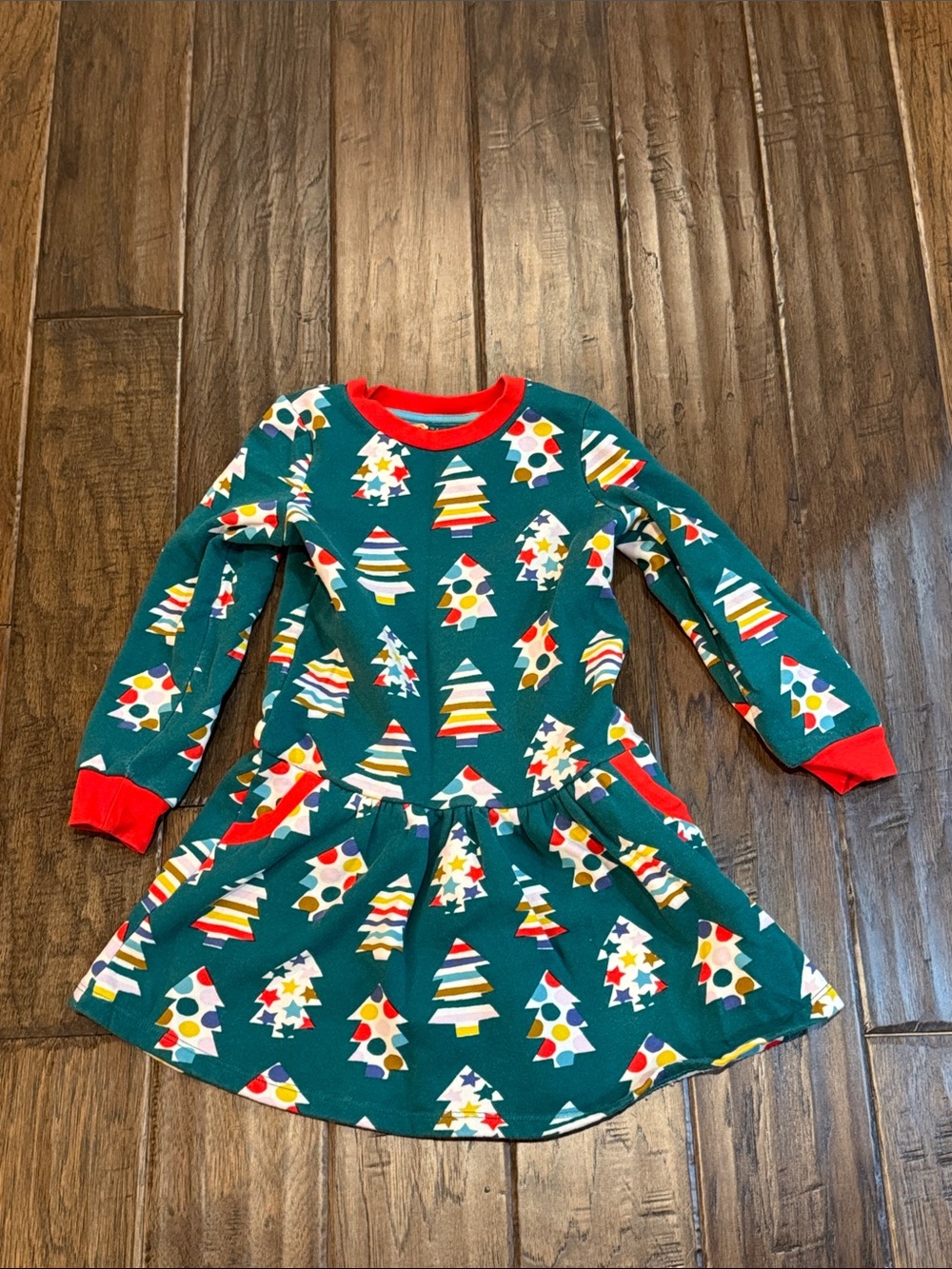 Boden Girls Christmas Dress with Red Trim and Multicolor Print